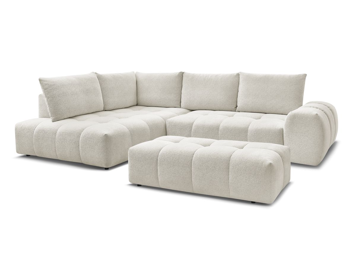 Bobochic Everest Ecksofa mit Schlaffunktion und Bettkasten und Pouf 320 × 212 cm, 5 Kissen Melange-Stoff Weiß Ecke links