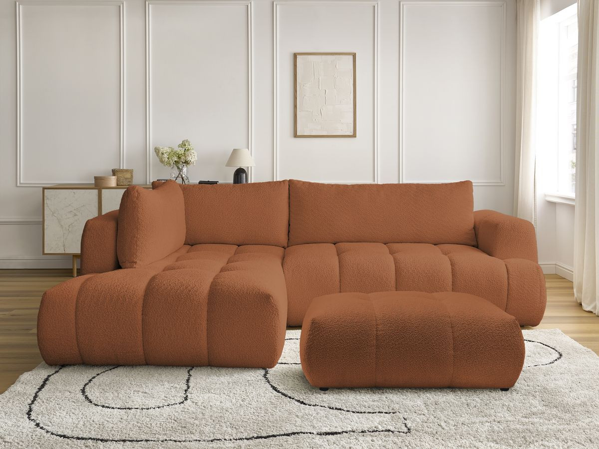 Bobochic Fuji Ecksofa mit Schlaffunktion und Bettkasten und Pouf 282 × 204 cm Bouclé-Stoff Orange Ecke links