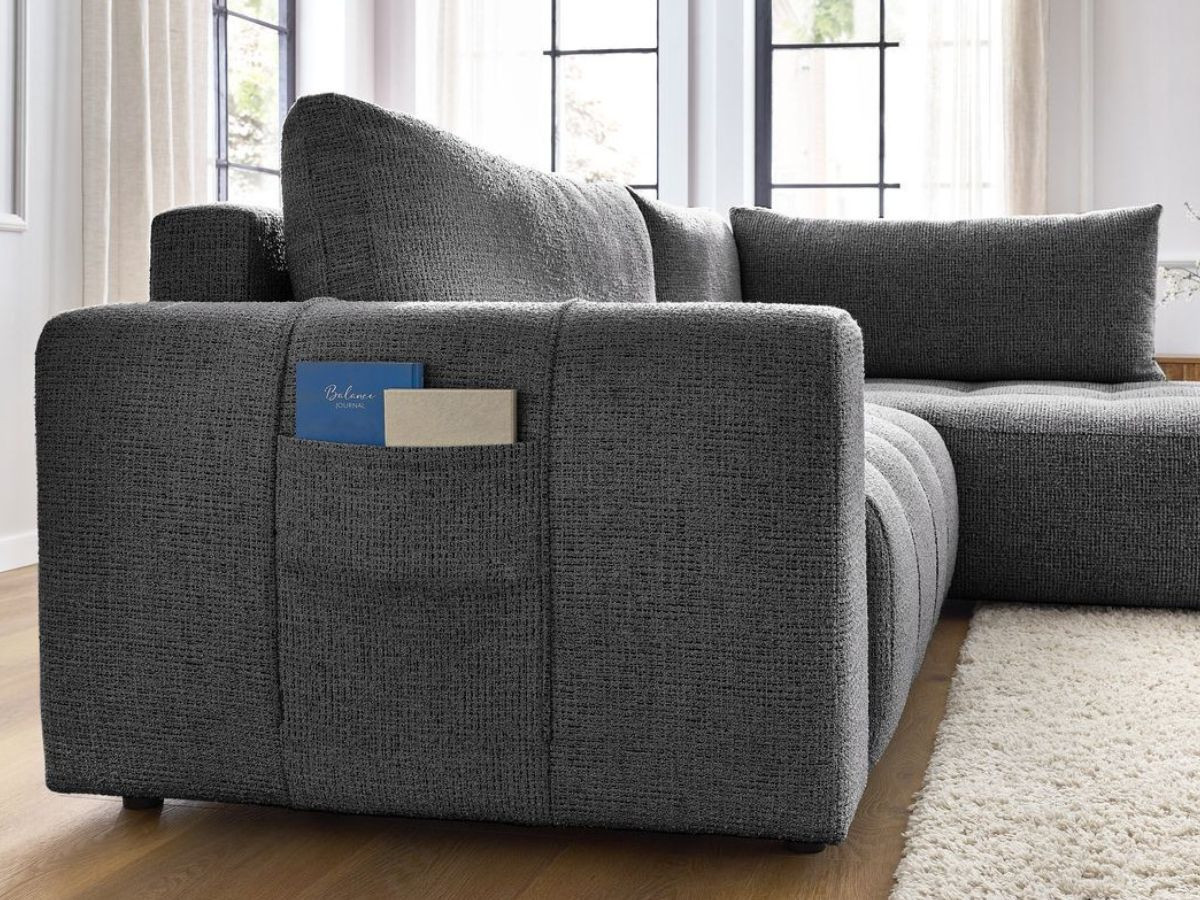 Bobochic Arsene Ecksofa mit Schlaffunktion und Bettkasten 277 × 200 cm Melange-Stoff Dunkelgrau Ecke rechts