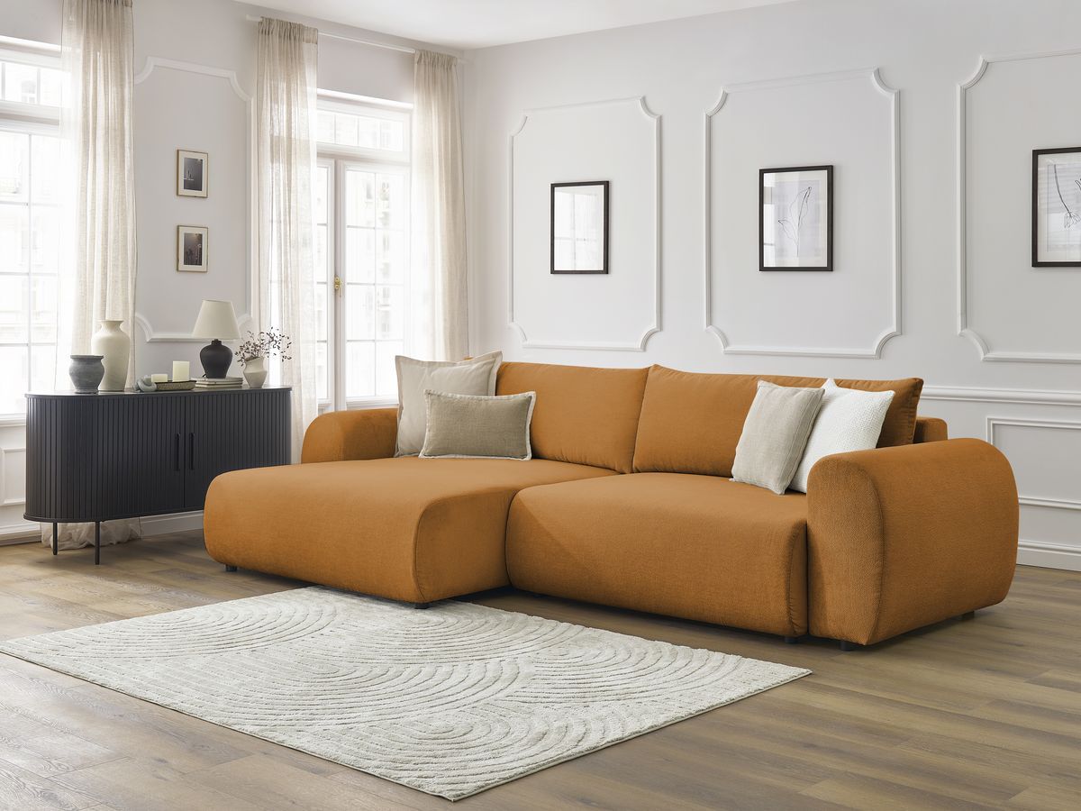 Bobochic Lucien Ecksofa mit Schlaffunktion und Bettkasten 314 × 167 cm Stoff Gelb Ecke links