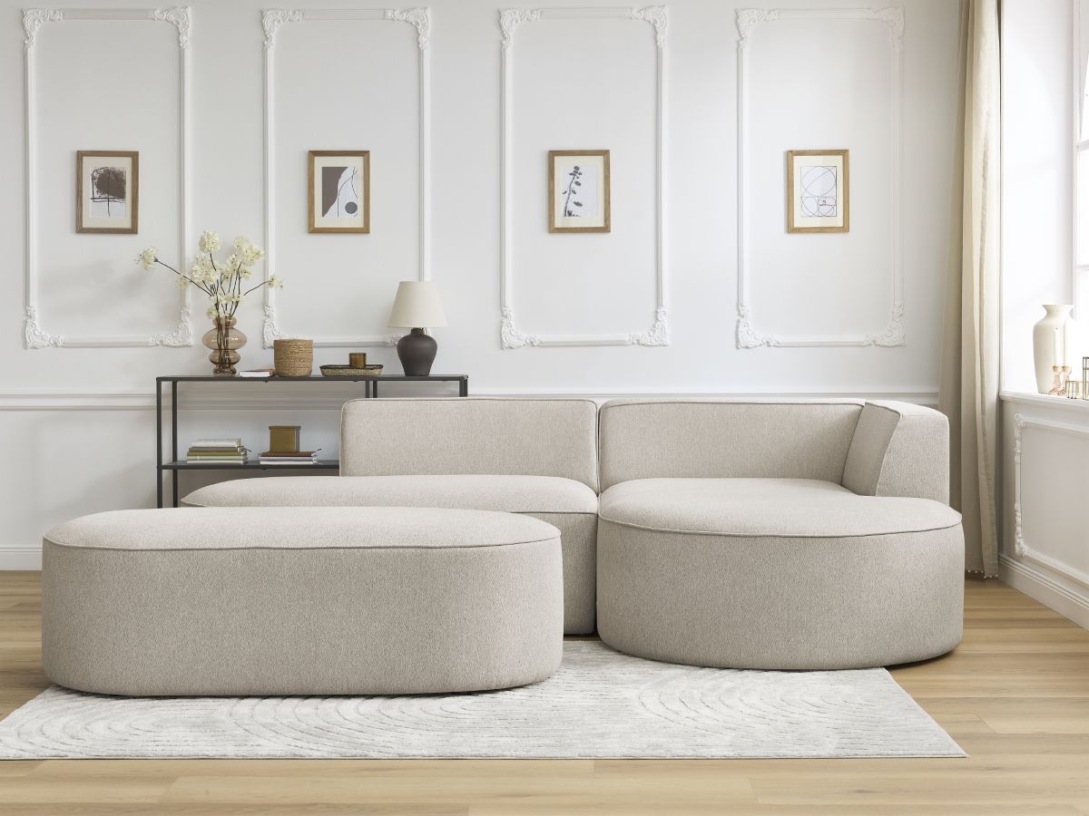 Bobochic Rousseau Ecksofa mit Pouf Melange-Stoff Beige Ecke rechts