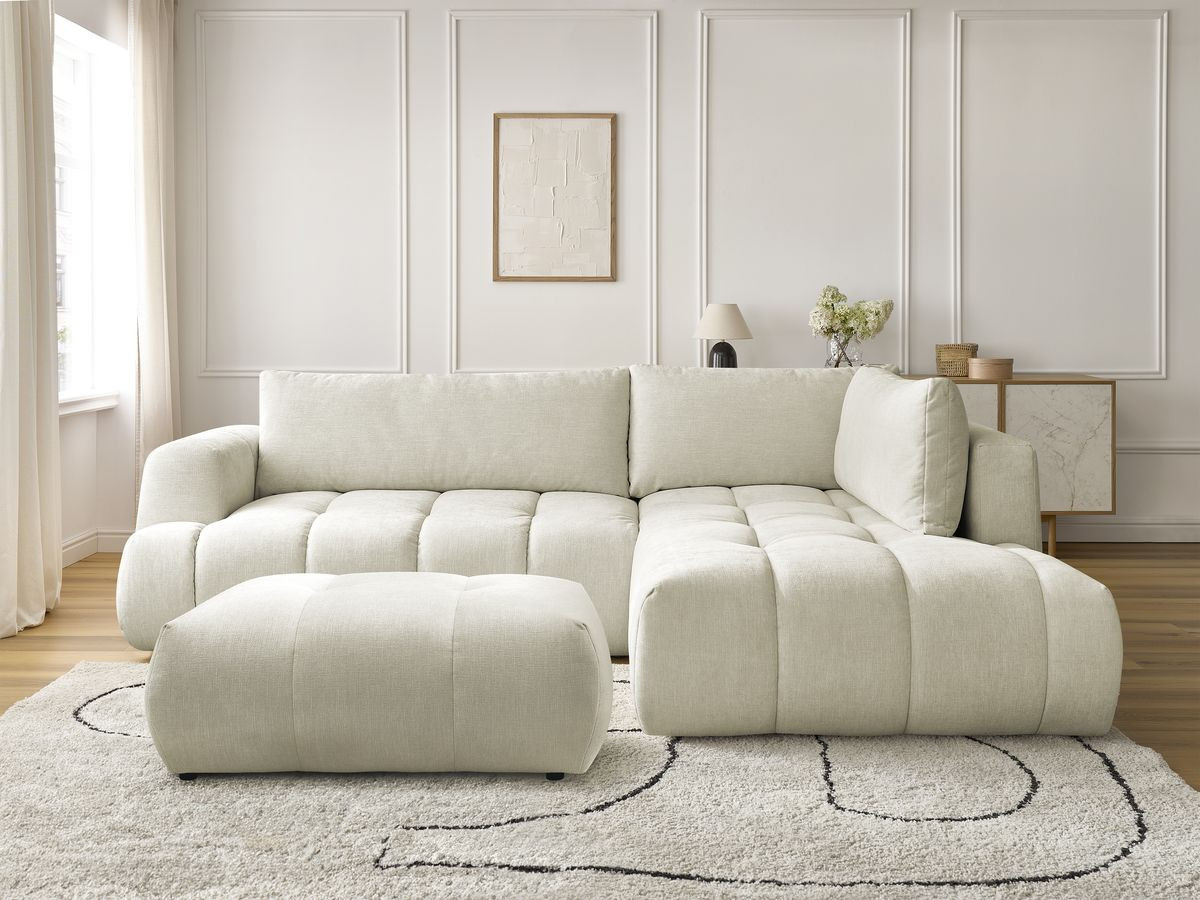 Bobochic Fuji Ecksofa mit Schlaffunktion und Bettkasten und Pouf 282 × 204 cm Stoff Beige Ecke rechts