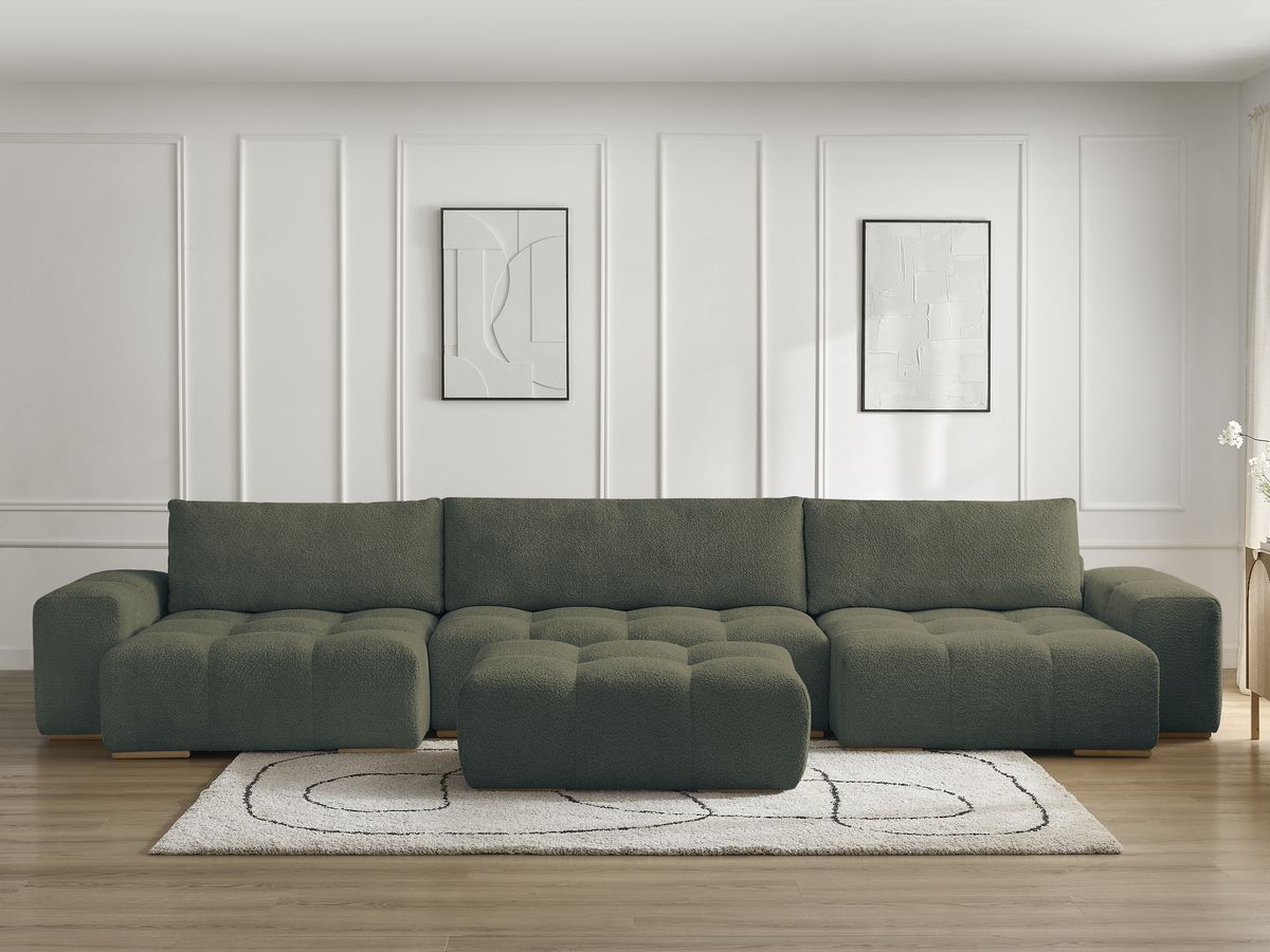Bobochic Anakin Wohnlandschaft mit Pouf, 3 Kissen Bouclé-Stoff Grün