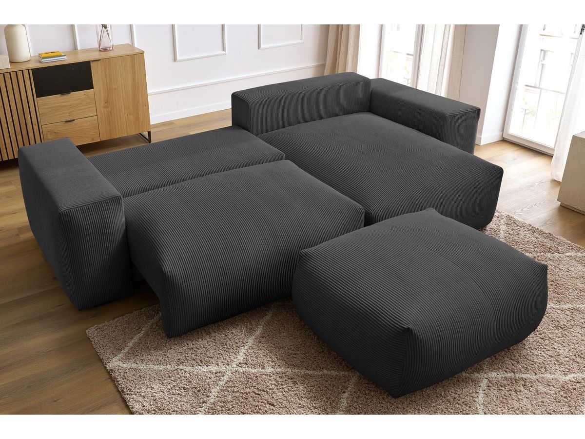Bobochic Voltaire Ecksofa mit Schlaffunktion und Bettkasten und Pouf Cordsamt Dunkelgrau