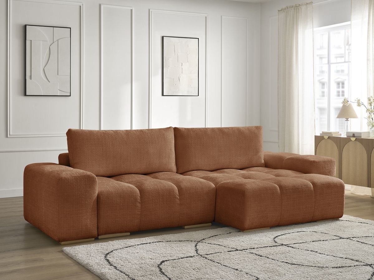 Bobochic Anakin Ecksofa mit Schlaffunktion und Bettkasten, 2 Kissen Strukturstoff Orange