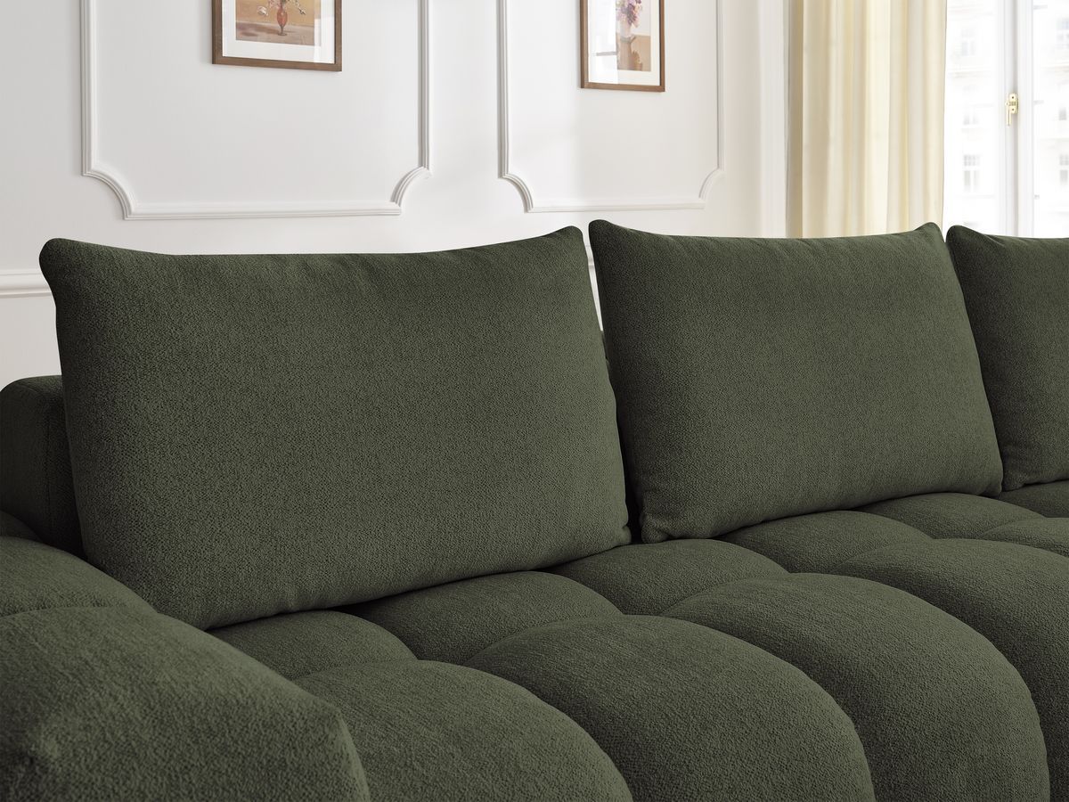 Bobochic Everest Ecksofa mit Schlaffunktion und Pouf, 4 Kissen Melange-Stoff Grün Ecke rechts