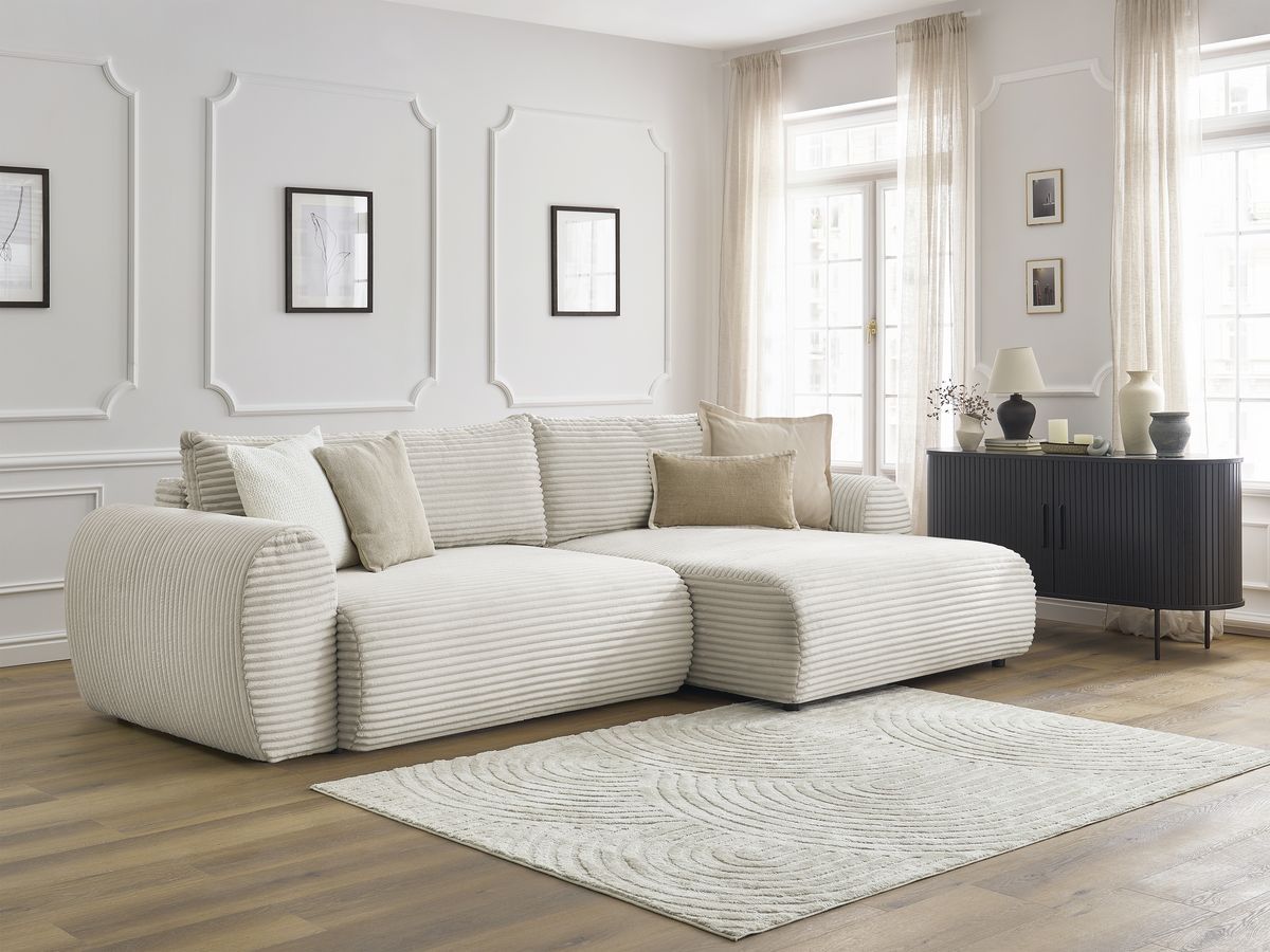 Bobochic Lucien Ecksofa mit Schlaffunktion und Bettkasten 314 × 167 cm Breitcord weich Beige Ecke rechts