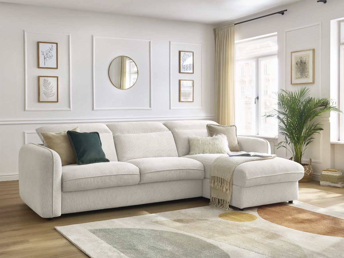 Bobochic Achille Ecksofa mit Schlaffunktion und Bettkasten Melange-Stoff Weiß, Liegefläche 160 × 200 cm
