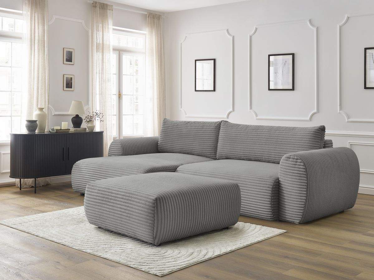 Bobochic Lucien Ecksofa mit Schlaffunktion und Bettkasten und Pouf 314 × 167 cm Breitcord weich Dunkelgrau Ecke links