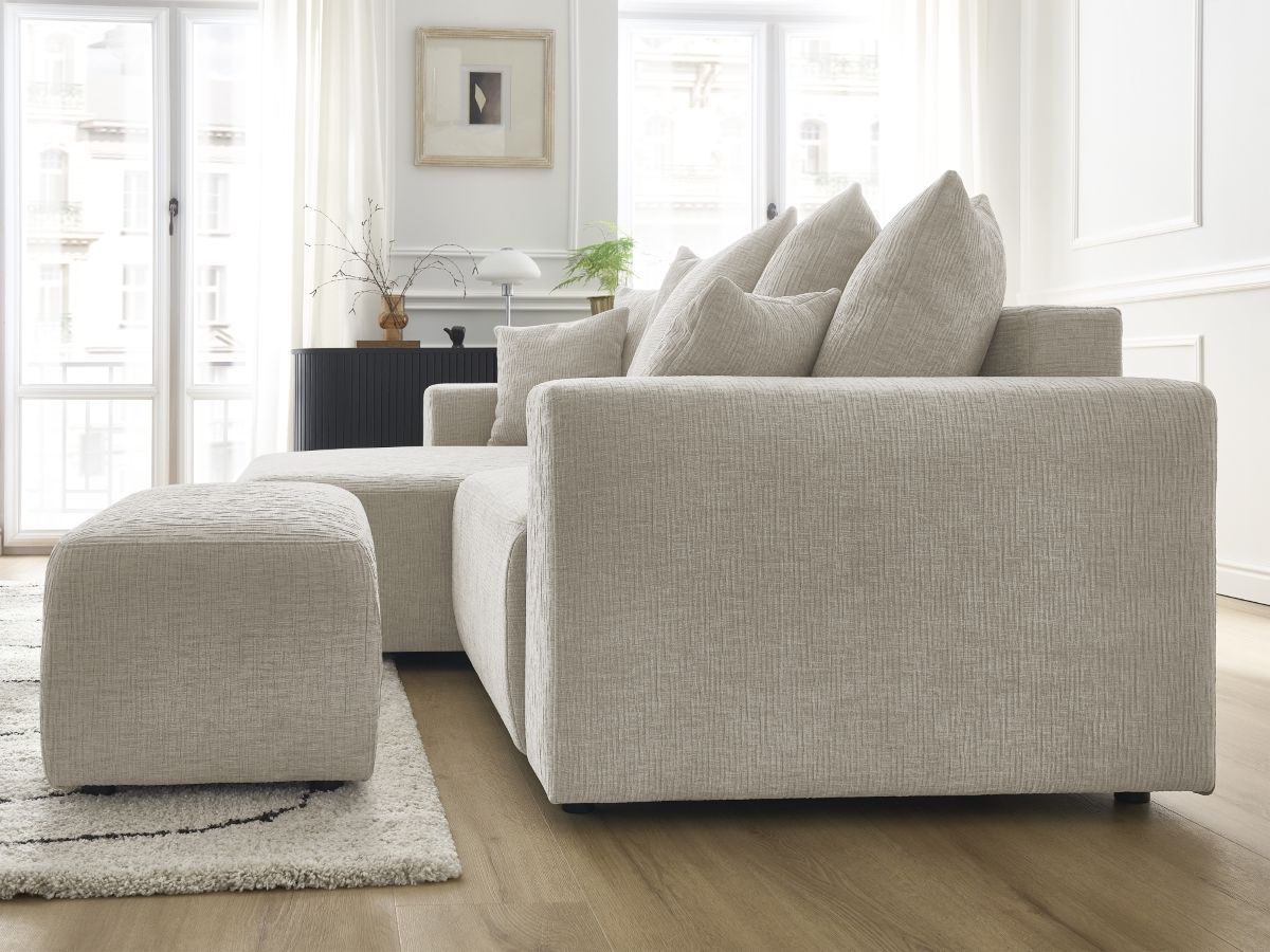 Bobochic Atilla Ecksofa mit Schlaffunktion und Bettkasten und Pouf Strukturstoff Beige Ecke links