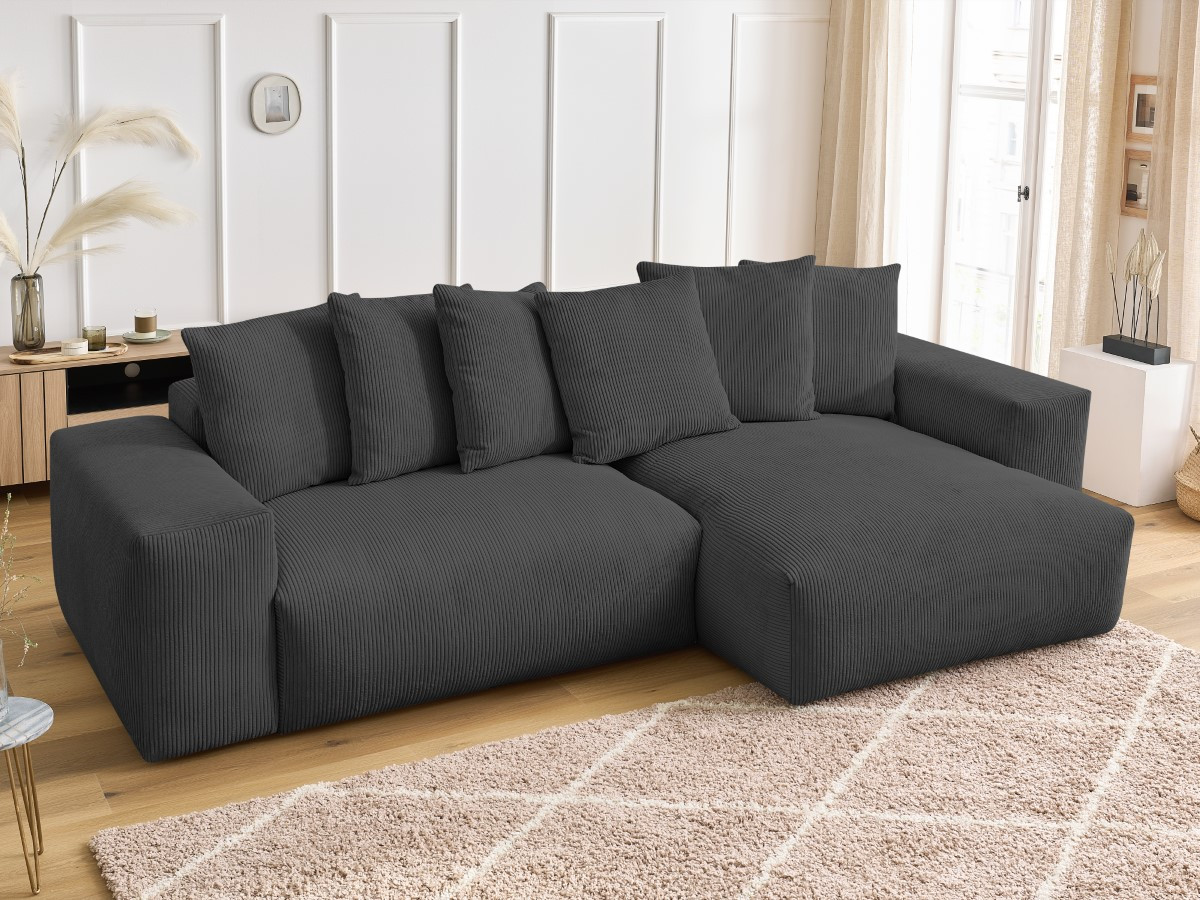 Bobochic Voltaire Ecksofa mit Schlaffunktion und Bettkasten Cordsamt Dunkelgrau