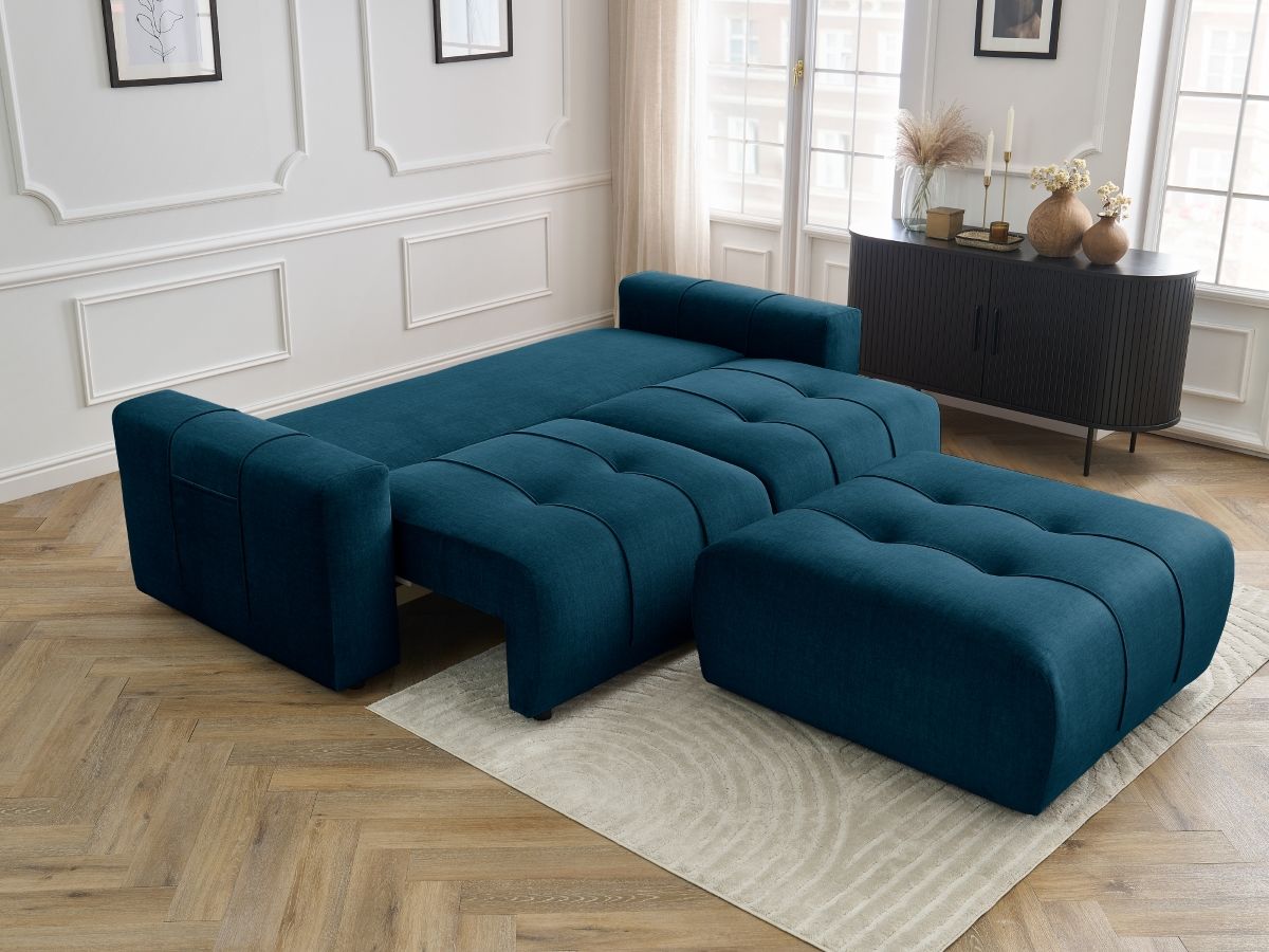 Bobochic Arsene Schlafsofa 4-Sitzer mit Bettkasten und Pouf Samt Blau