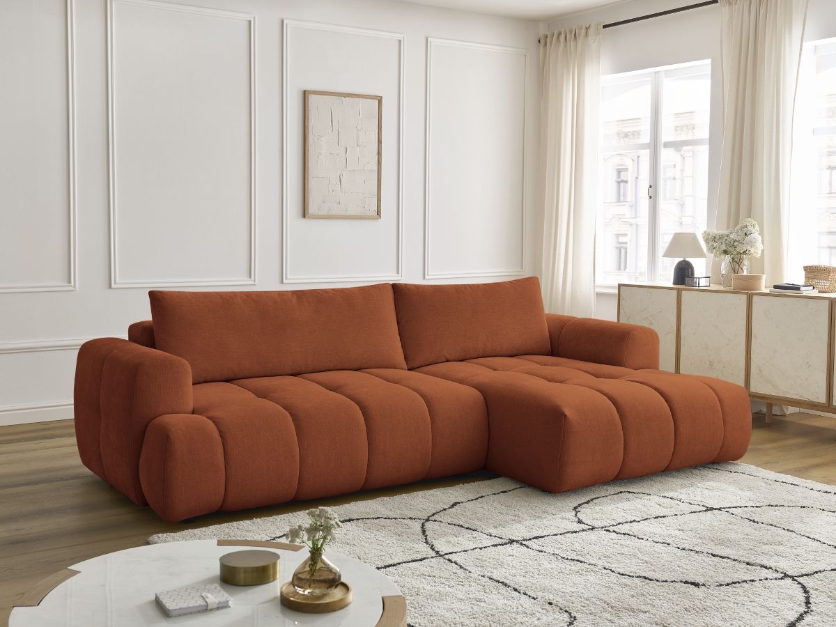 Bobochic Fuji Ecksofa mit Schlaffunktion und Bettkasten 292 × 160 cm Stoff Orange Ecke rechts