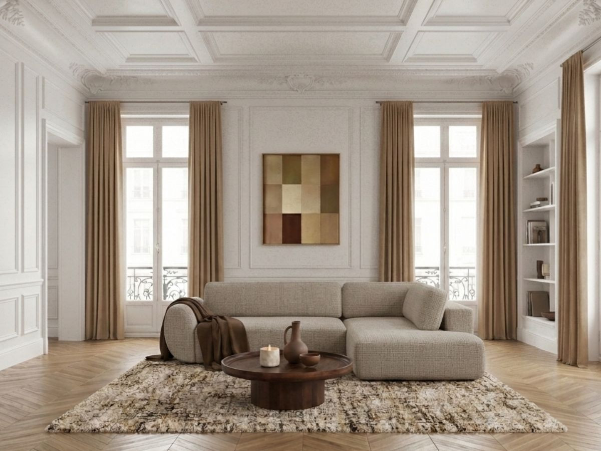 Bobochic Denise Ecksofa mit Schlaffunktion und Bettkasten 256 × 197 cm Strukturstoff Beige Ecke rechts