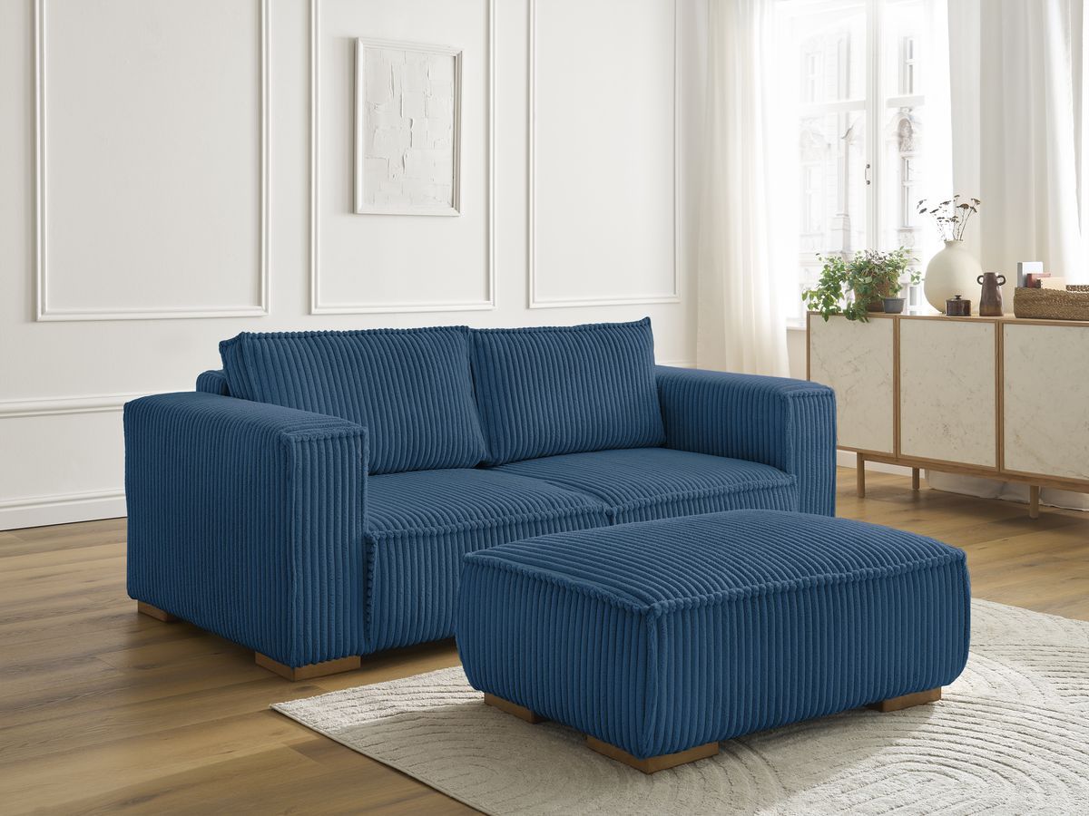 Bobochic Chelsea Sofa 3-Sitzer mit Pouf Breitcord weich Dunkelblau