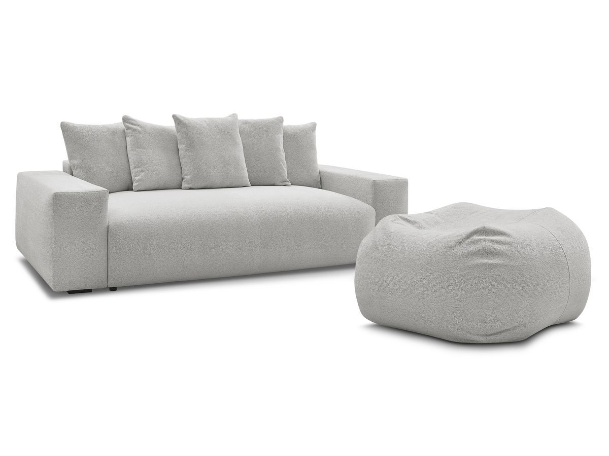 Bobochic Voltaire Schlafsofa 4-Sitzer mit Bettkasten und Pouf Melange-Stoff Hellgrau