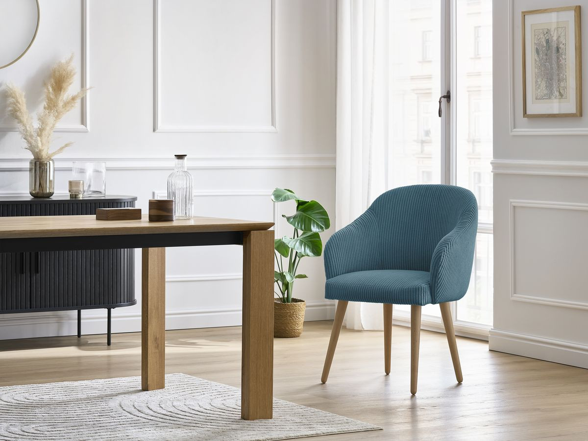 Bobochic Sophie Esszimmerstuhl 2er-Set mit skandinavischen Holzbeinen Cordsamt Dunkelblau