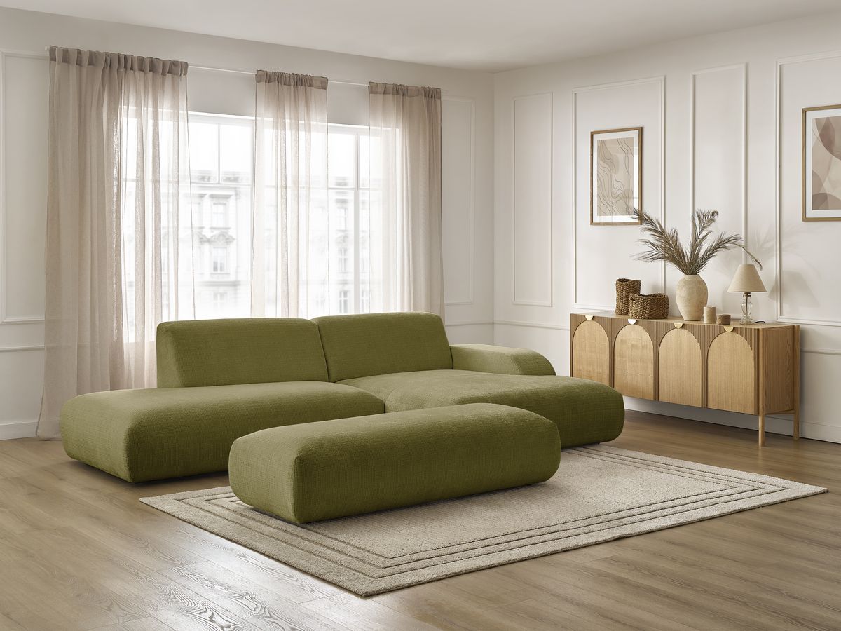Bobochic Sirius Ecksofa mit Pouf 300 × 170 cm Strukturstoff Grün Ecke rechts