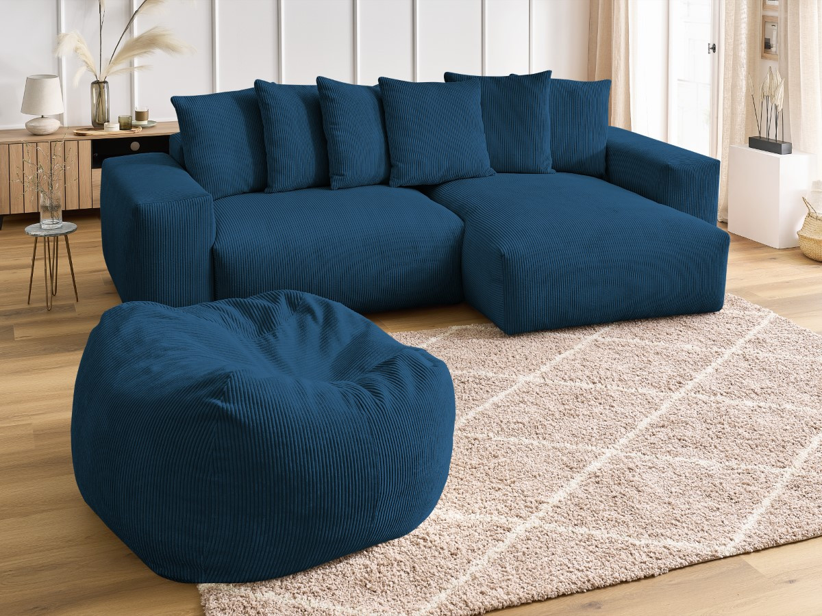 Bobochic Voltaire Ecksofa mit Pouf 310 × 174 cm Cordsamt Dunkelblau