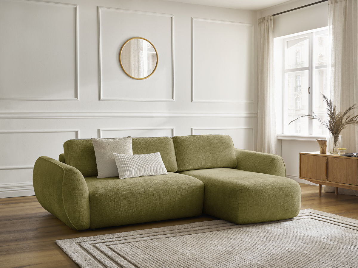 Bobochic Denise Ecksofa mit Schlaffunktion und Bettkasten 258 × 160 cm Strukturstoff Grün Ecke rechts