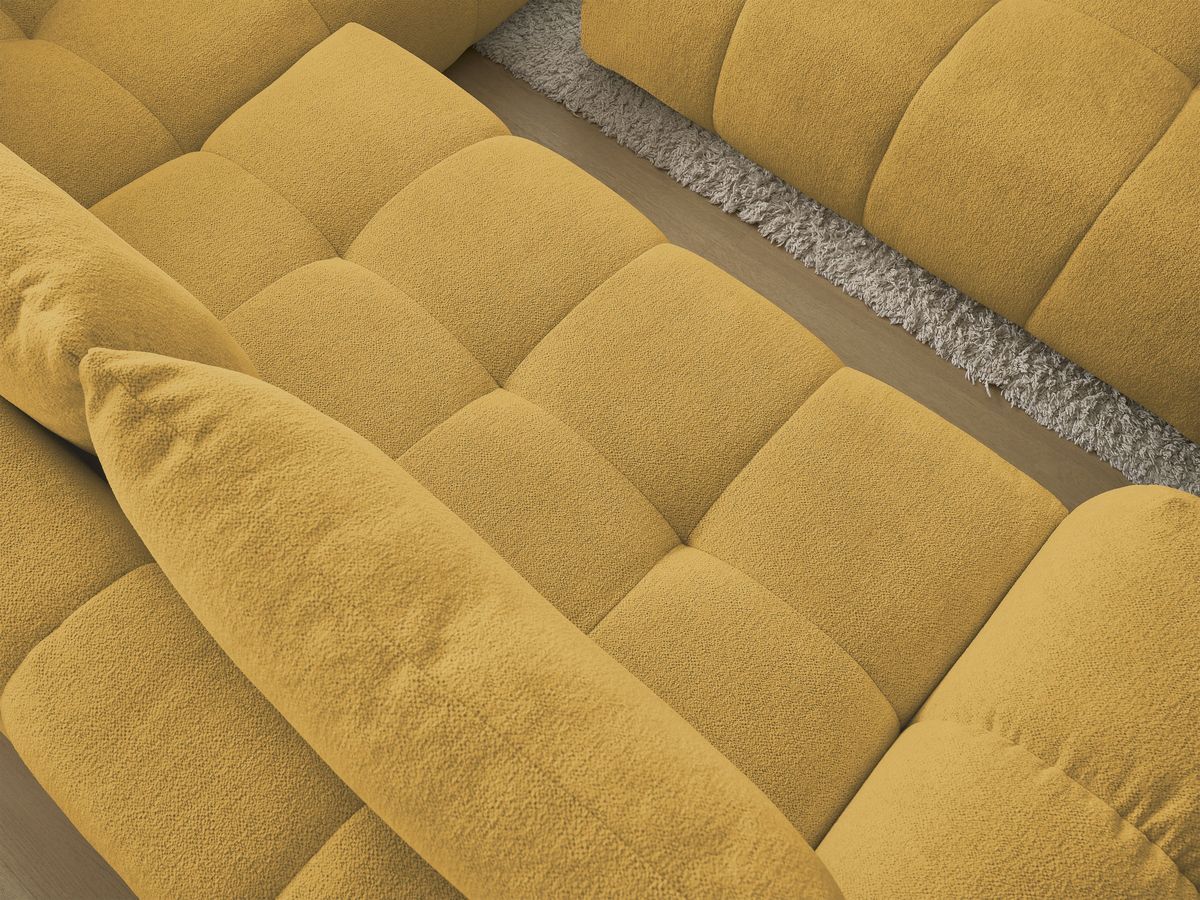 Bobochic Everest Ecksofa mit Schlaffunktion und Bettkasten und Pouf 320 × 212 cm, 5 Kissen Melange-Stoff Gelb Ecke rechts