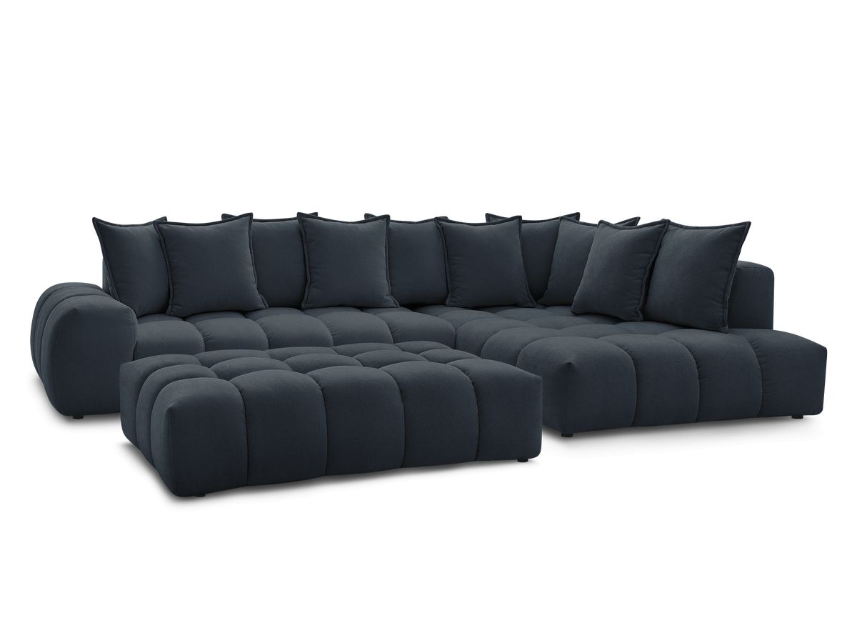 Bobochic Everest Ecksofa mit Schlaffunktion und Pouf, 10 Kissen Strukturstoff Dunkelblau Ecke rechts