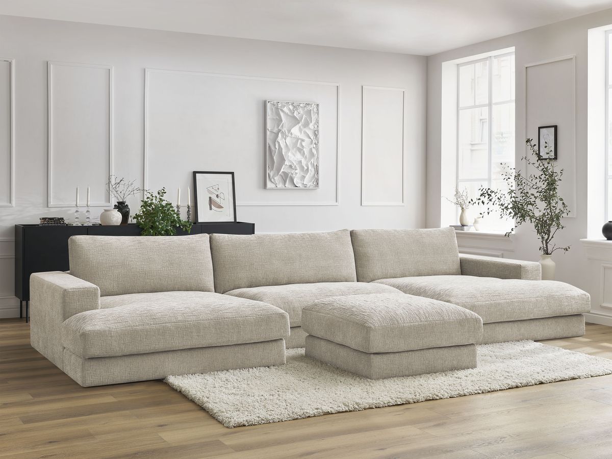 Bobochic Leonard Wohnlandschaft mit Pouf 404 × 159 cm Strukturstoff Beige