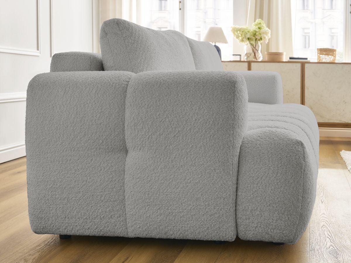Bobochic Fuji Schlafsofa 3-Sitzer mit Bettkasten Bouclé-Stoff Hellgrau