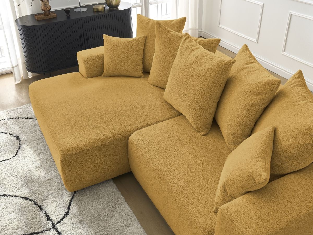 Bobochic Atilla Ecksofa mit Schlaffunktion und Bettkasten Melange-Stoff Gelb Ecke links