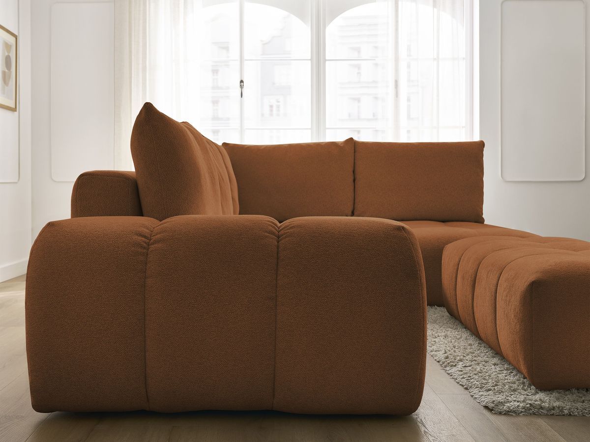 Bobochic Everest Ecksofa mit Schlaffunktion und Bettkasten und Pouf 320 × 212 cm, 5 Kissen Melange-Stoff Orange Ecke rechts