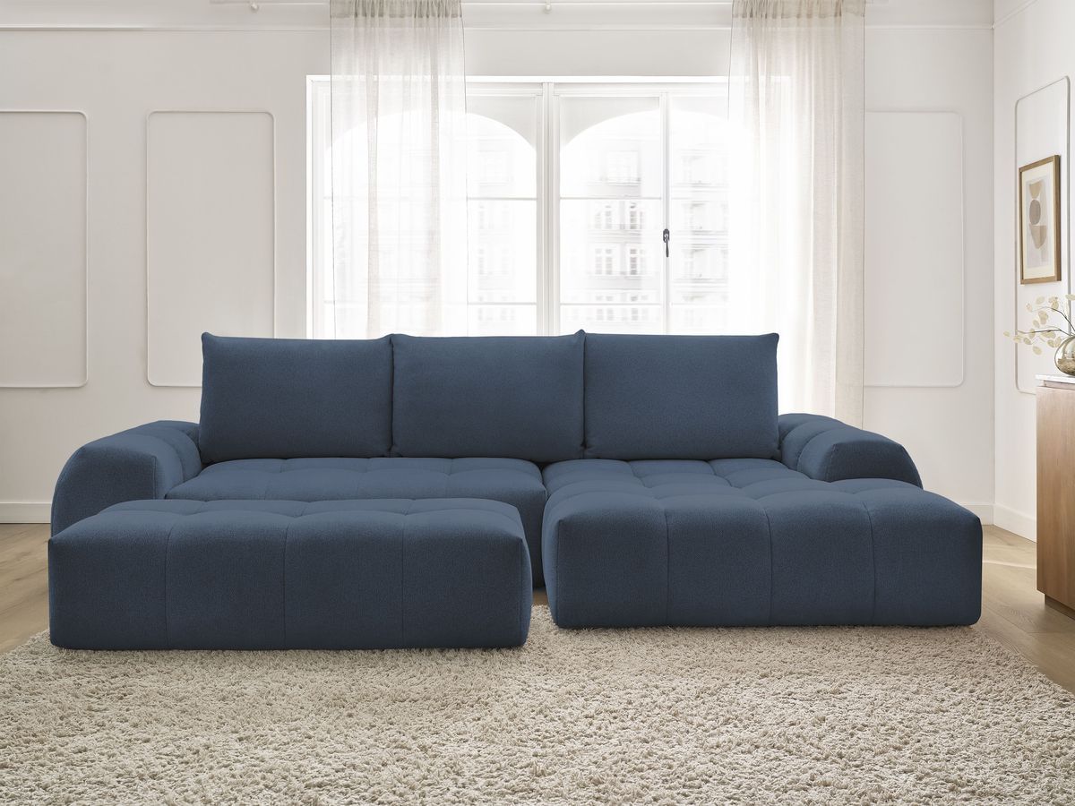 Bobochic Everest Ecksofa mit Schlaffunktion und Bettkasten und Pouf 318 × 180 cm, 3 Kissen Melange-Stoff Dunkelblau Ecke rechts