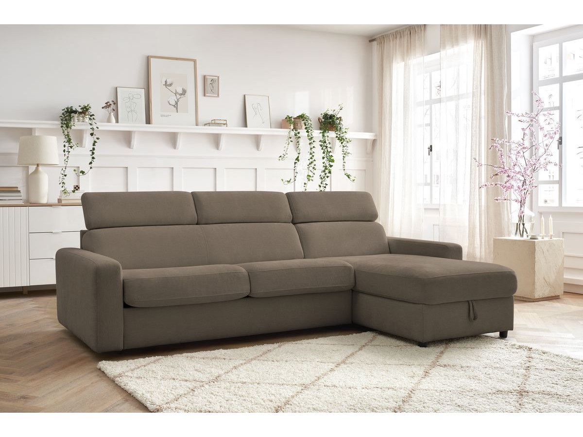 Bobochic Monaco Ecksofa mit Schlaffunktion und Bettkasten Stoff Braun, Liegefläche 160 × 190 cm