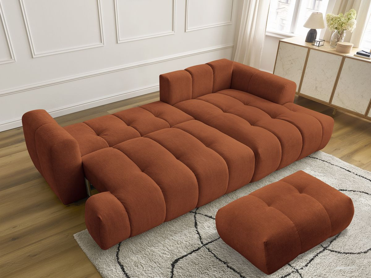 Bobochic Fuji Ecksofa mit Schlaffunktion und Bettkasten und Pouf 292 × 160 cm Stoff Orange Ecke rechts