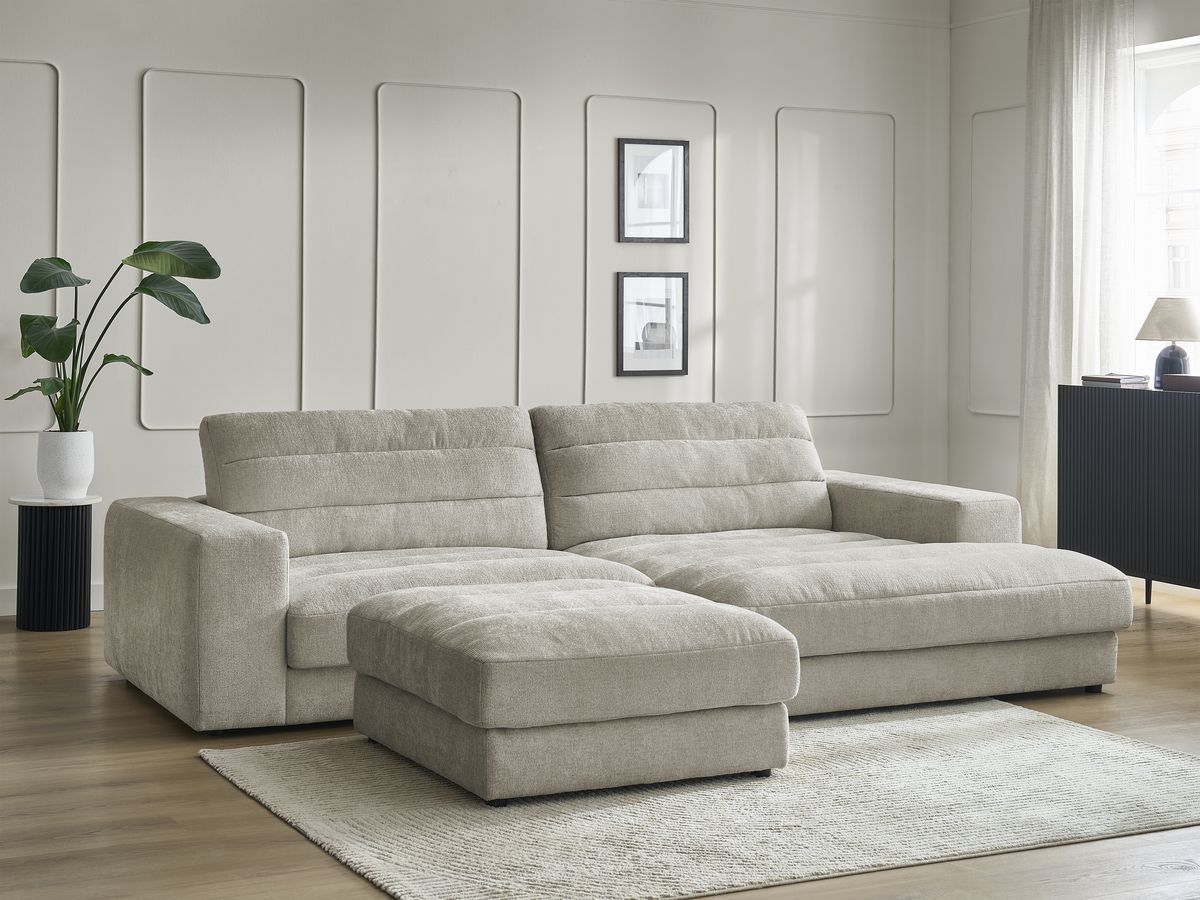 Bobochic Sierra Ecksofa mit Pouf Strukturstoff Taupe Ecke rechts