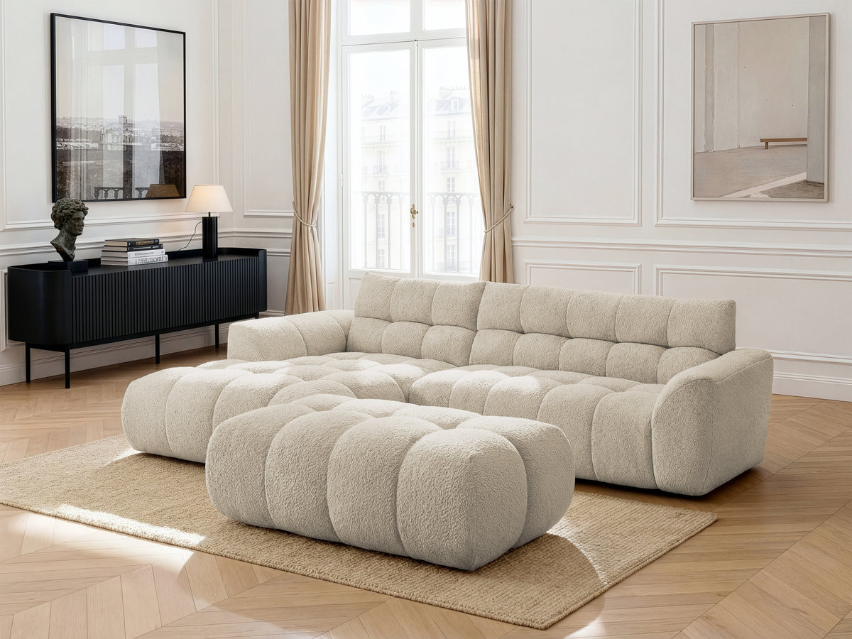 Bobochic Jaya Ecksofa mit Pouf Chenille Beige Ecke links