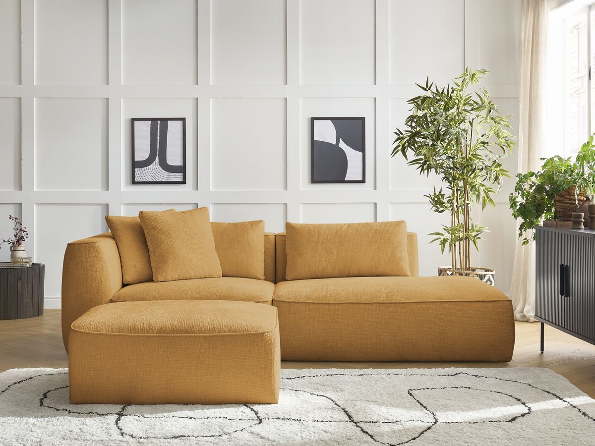Bobochic Leopold Sofa 4-Sitzer mit Pouf Strukturstoff Gelb Armlehne links