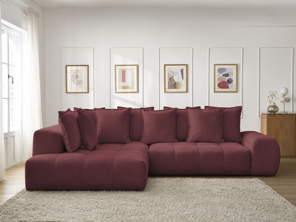 Bobochic Everest Ecksofa mit Schlaffunktion und Bettkasten 320 × 212 cm, 10 Kissen Melange-Stoff Rot Ecke links
