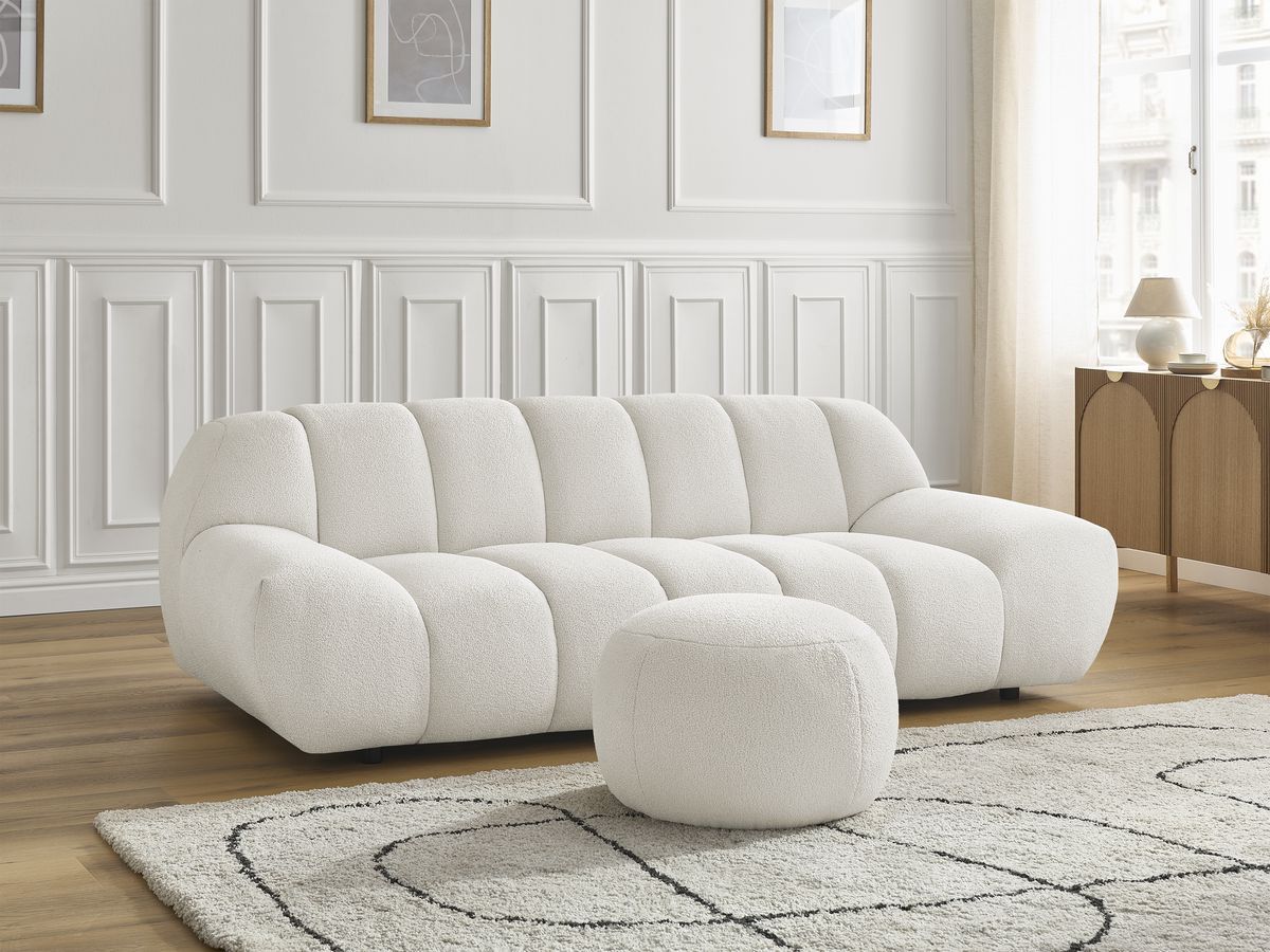Bobochic Hayden Sofa 3-Sitzer mit Pouf 226 × 107 cm Bouclé-Stoff Weiß