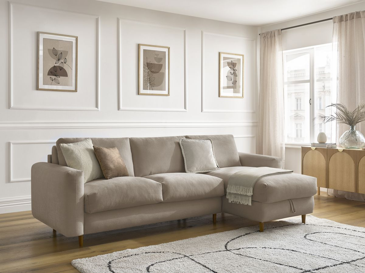 Bobochic Cocoone Ecksofa mit Schlaffunktion und Bettkasten Stoff Taupe, Liegefläche 140 × 200 cm