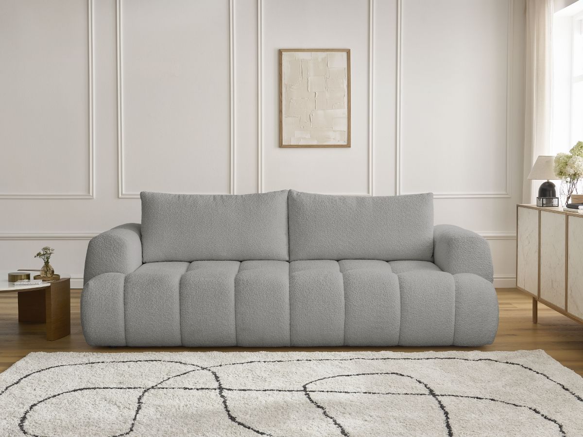 Bobochic Fuji Schlafsofa 3-Sitzer mit Bettkasten Bouclé-Stoff Hellgrau