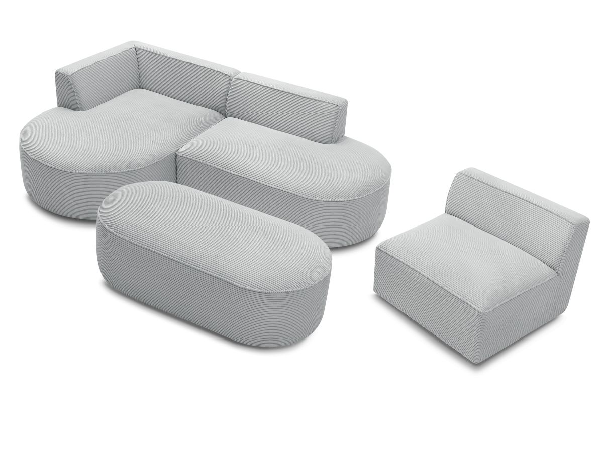 Bobochic Rousseau Ecksofa mit Sofamodul und Pouf Cordsamt Hellgrau Ecke links