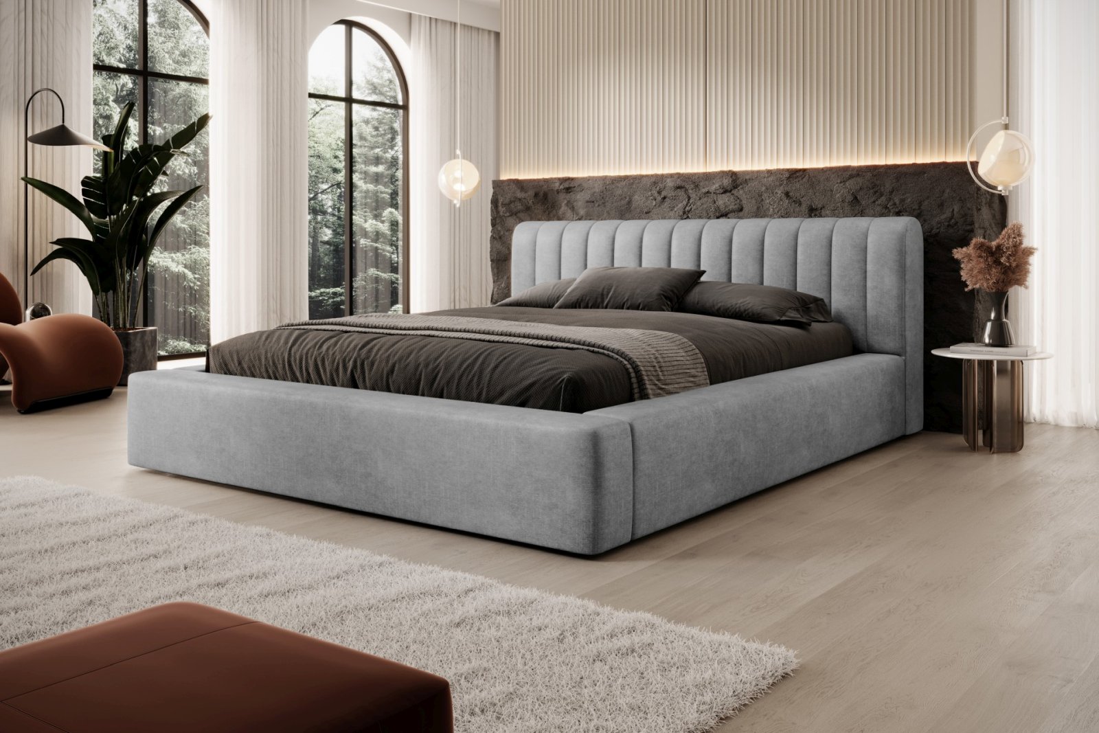 Polsterbett Faroa Samtstoff 140x200 mit Holzrahmen Macau Ash