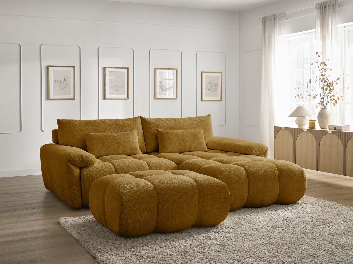 Bobochic Ivane Ecksofa mit Pouf Strukturstoff Gelb Ecke rechts