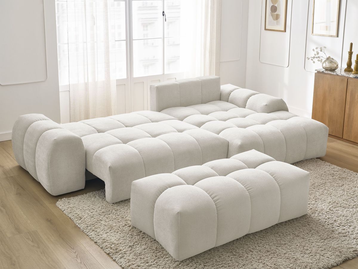 Bobochic Everest Ecksofa mit Schlaffunktion und Bettkasten und Pouf 318 × 180 cm, 7 Kissen Strukturstoff Weiß Ecke rechts