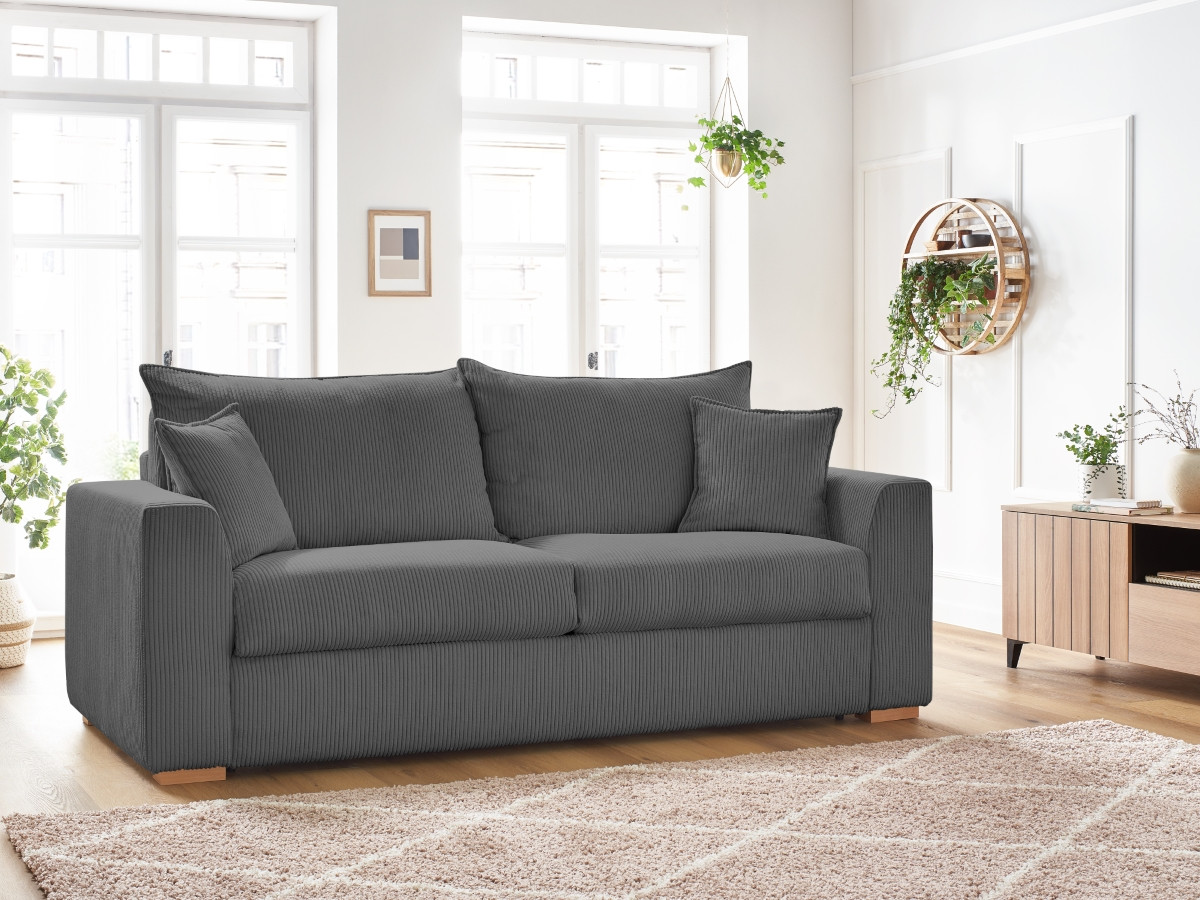 Bobochic Augustin Schlafsofa 3-Sitzer Cordsamt Dunkelgrau, Liegefläche 140 × 200 cm