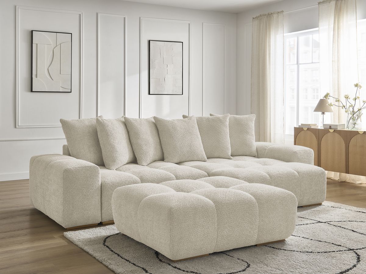 Bobochic Anakin Ecksofa mit Schlaffunktion und Bettkasten und Pouf, 6 Kissen Bouclé-Stoff Beige