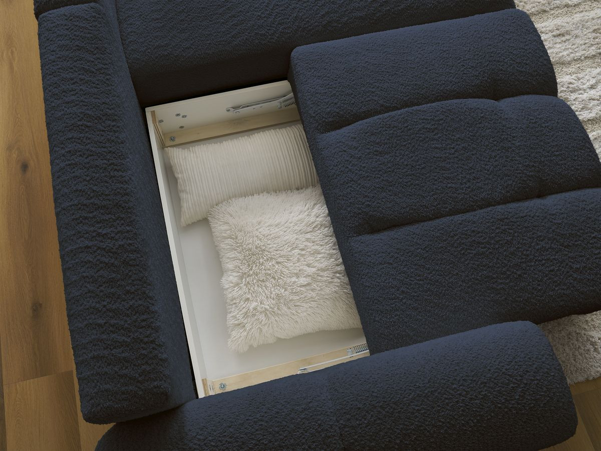 Bobochic Roxelane Ecksofa mit Schlaffunktion und Bettkasten 258 × 150 cm Bouclé-Stoff Dunkelblau Ecke rechts