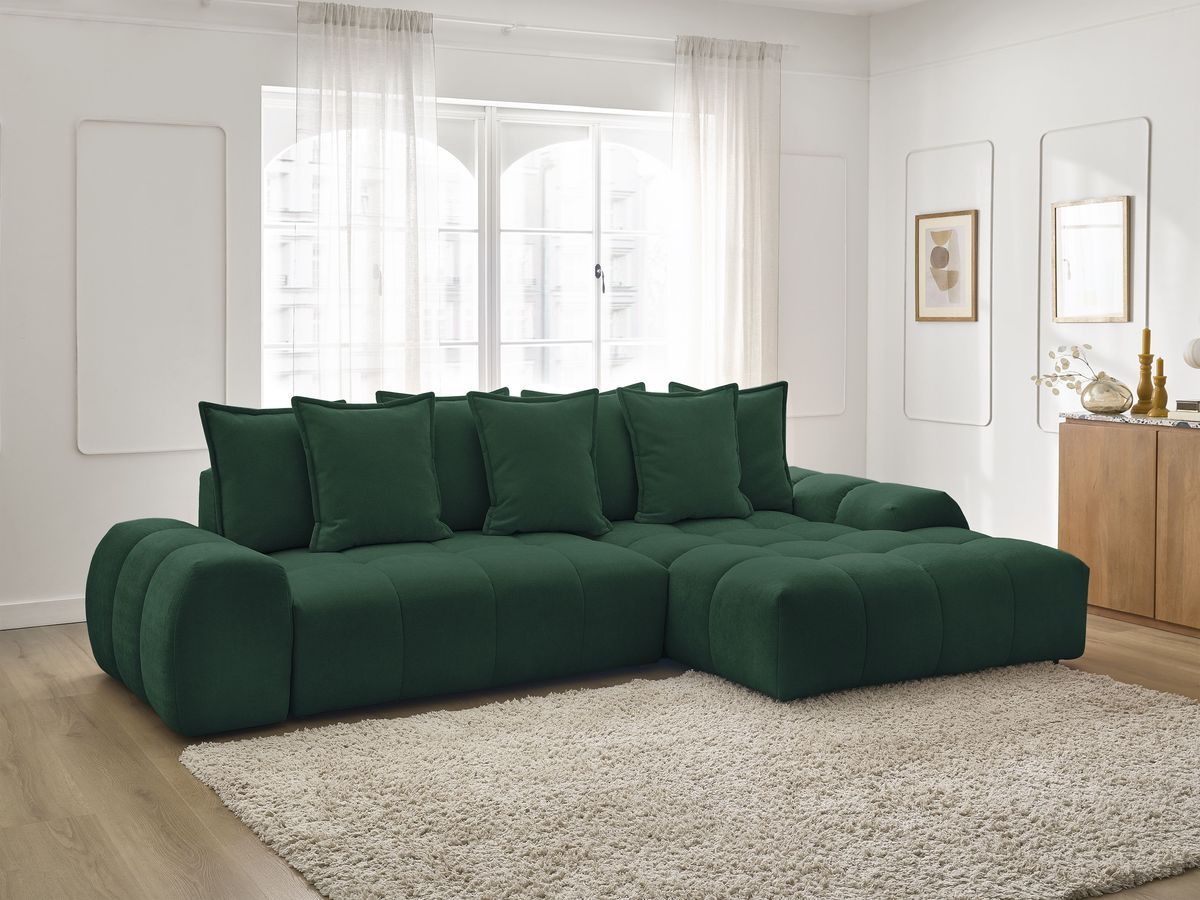 Bobochic Everest Ecksofa mit Schlaffunktion und Bettkasten 318 × 180 cm, 7 Kissen Strukturstoff Grün Ecke rechts