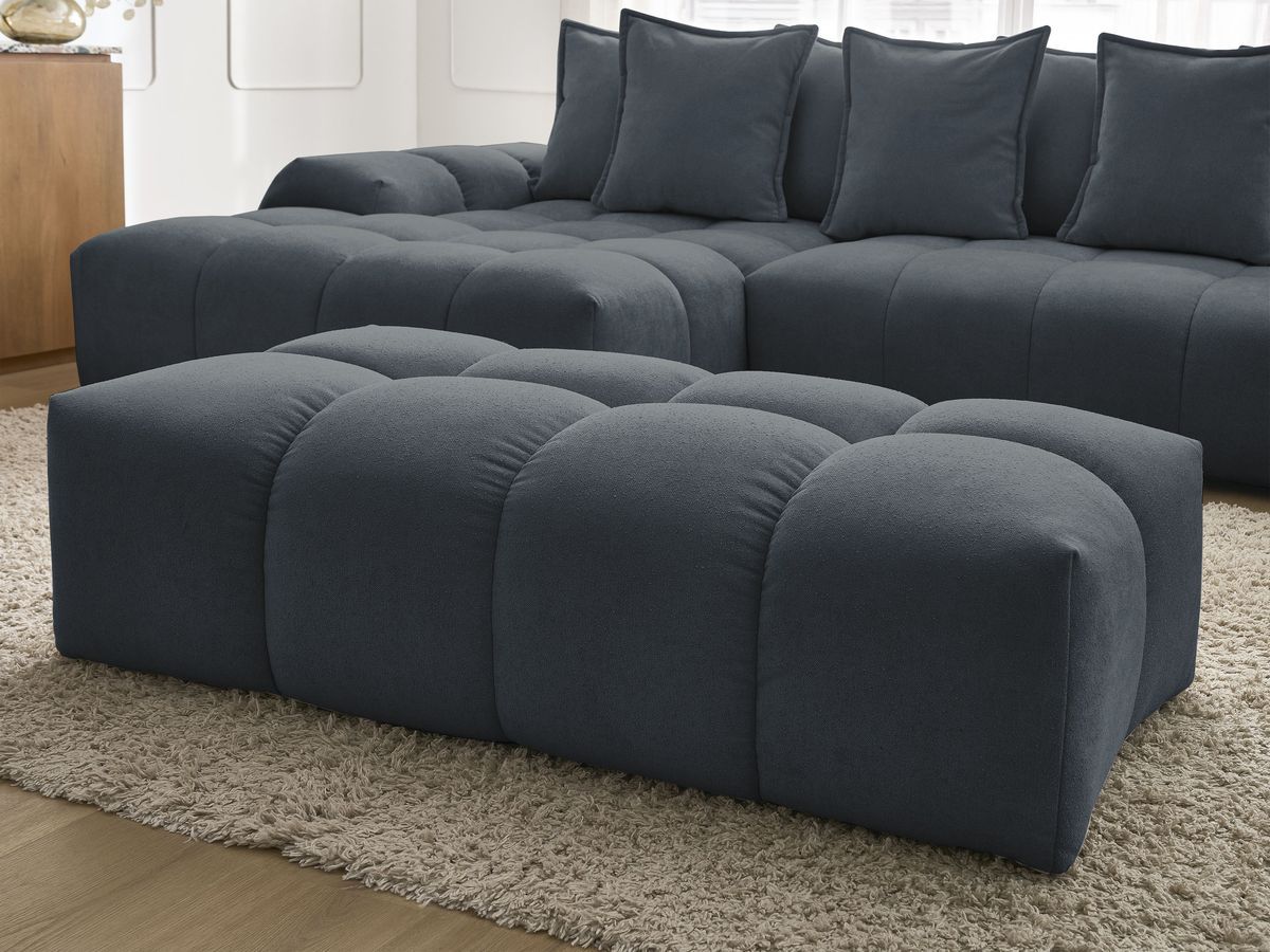 Bobochic Everest Ecksofa mit Schlaffunktion und Bettkasten und Pouf 318 × 180 cm, 7 Kissen Strukturstoff Blau Ecke links