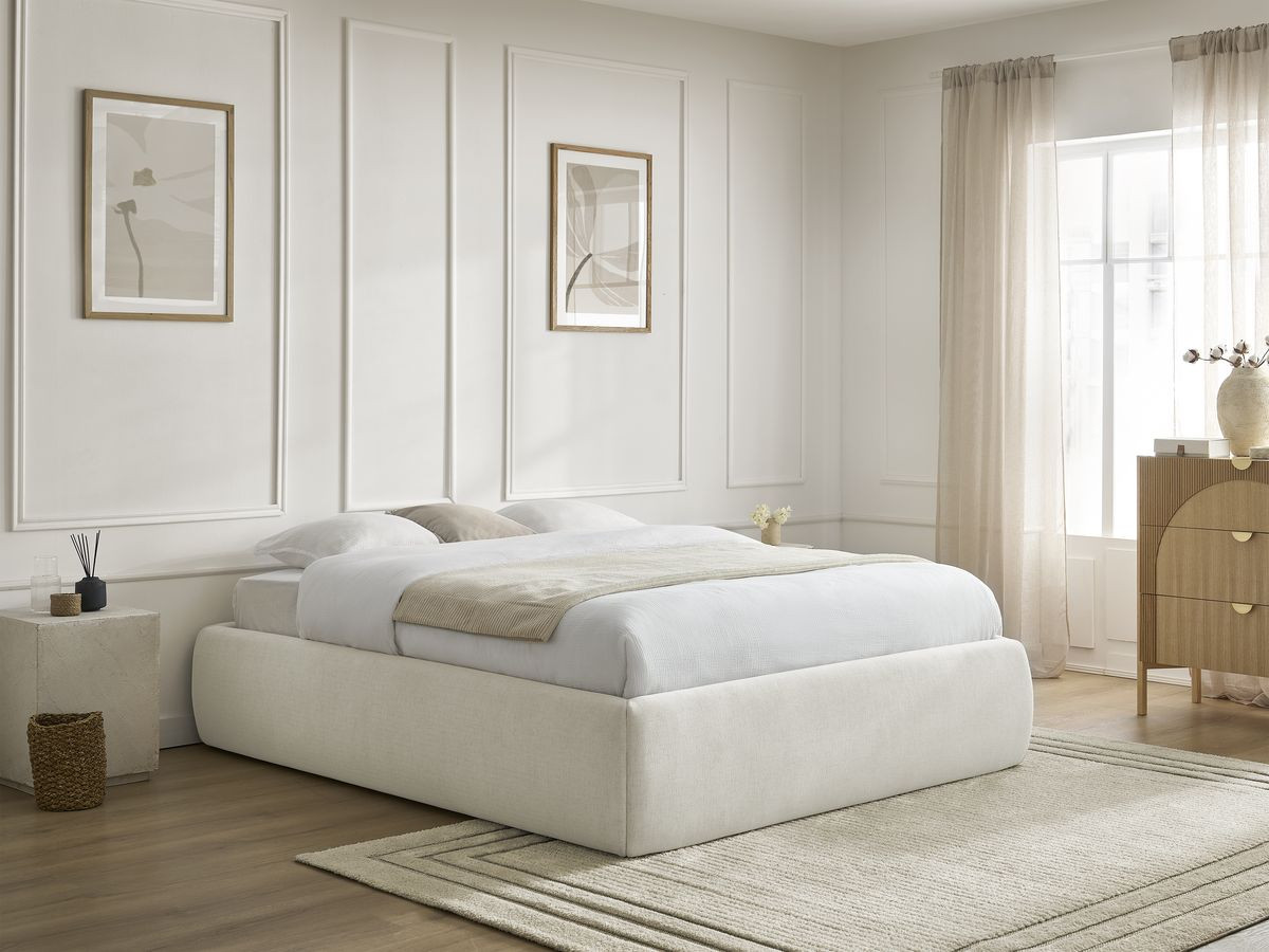 Bobochic Inera Bettgestell mit Bettkasten, ohne Kopfteil Stoff Beige, Liegefläche 160 × 200 cm